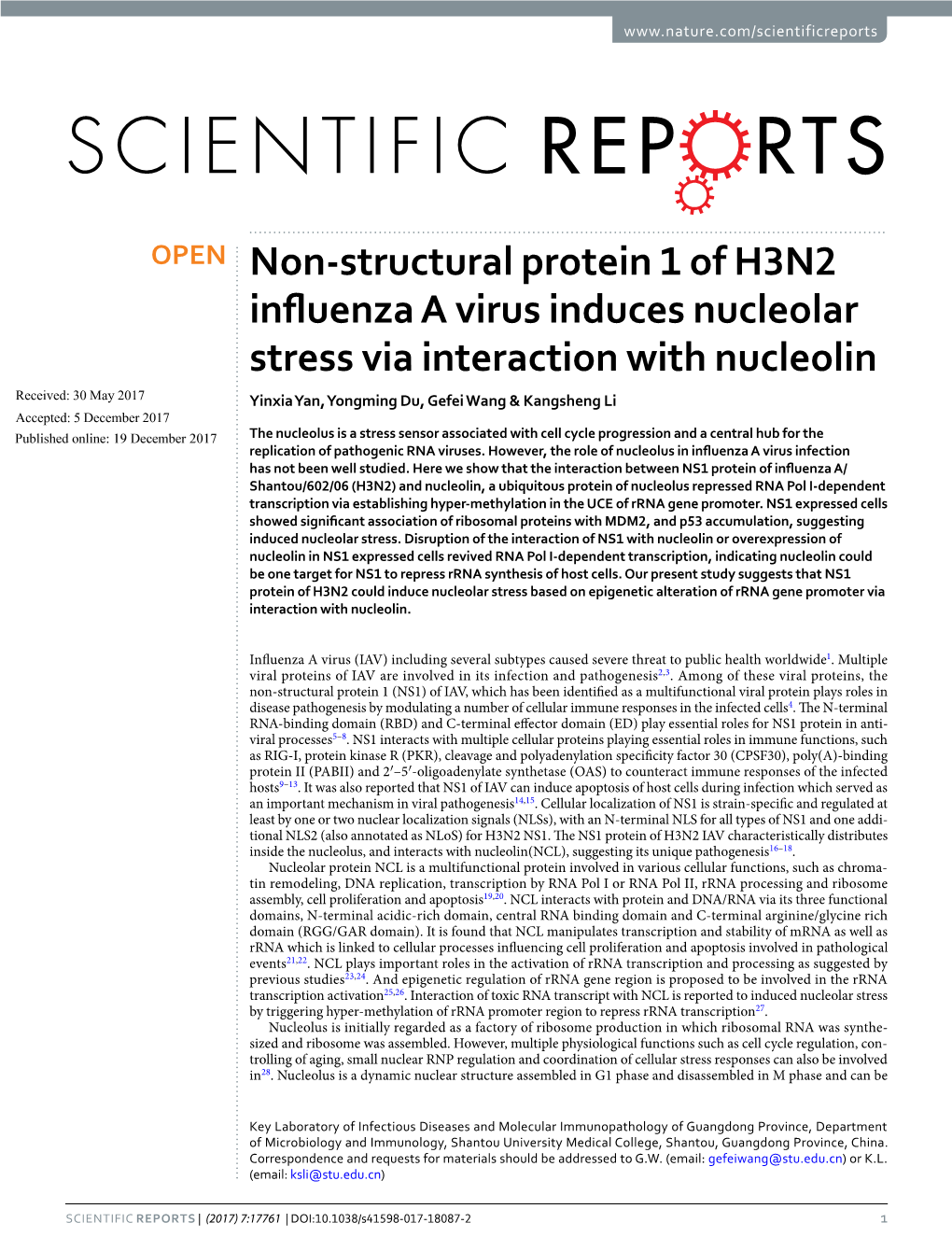 Non-Structural Protein 1 of H3N2 Influenza a Virus Induces Nucleolar