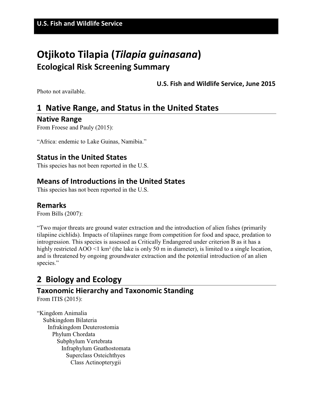 Otjikoto Tilapia (Tilapia Guinasana) Ecological Risk Screening Summary
