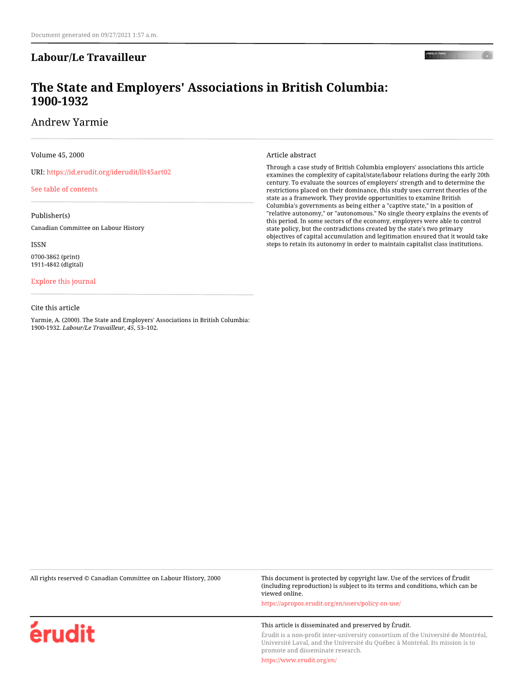 The State and Employers' Associations in British Columbia: 1900-1932 Andrew Yarmie