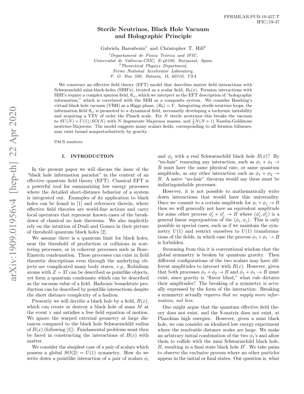 Arxiv:1909.01956V4 [Hep-Th] 22 Apr 2020 As the Vacuum Value of a ﬁeld