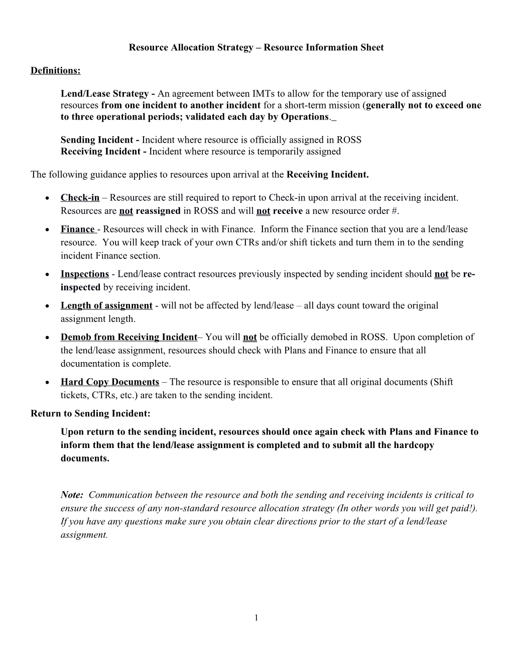 Resource Allocation Strategy Resource Information Sheet