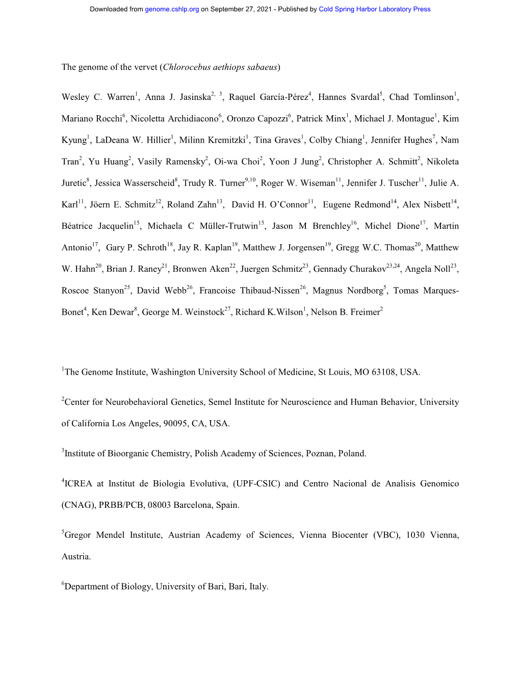 The Genome of the Vervet (Chlorocebus Aethiops Sabaeus)