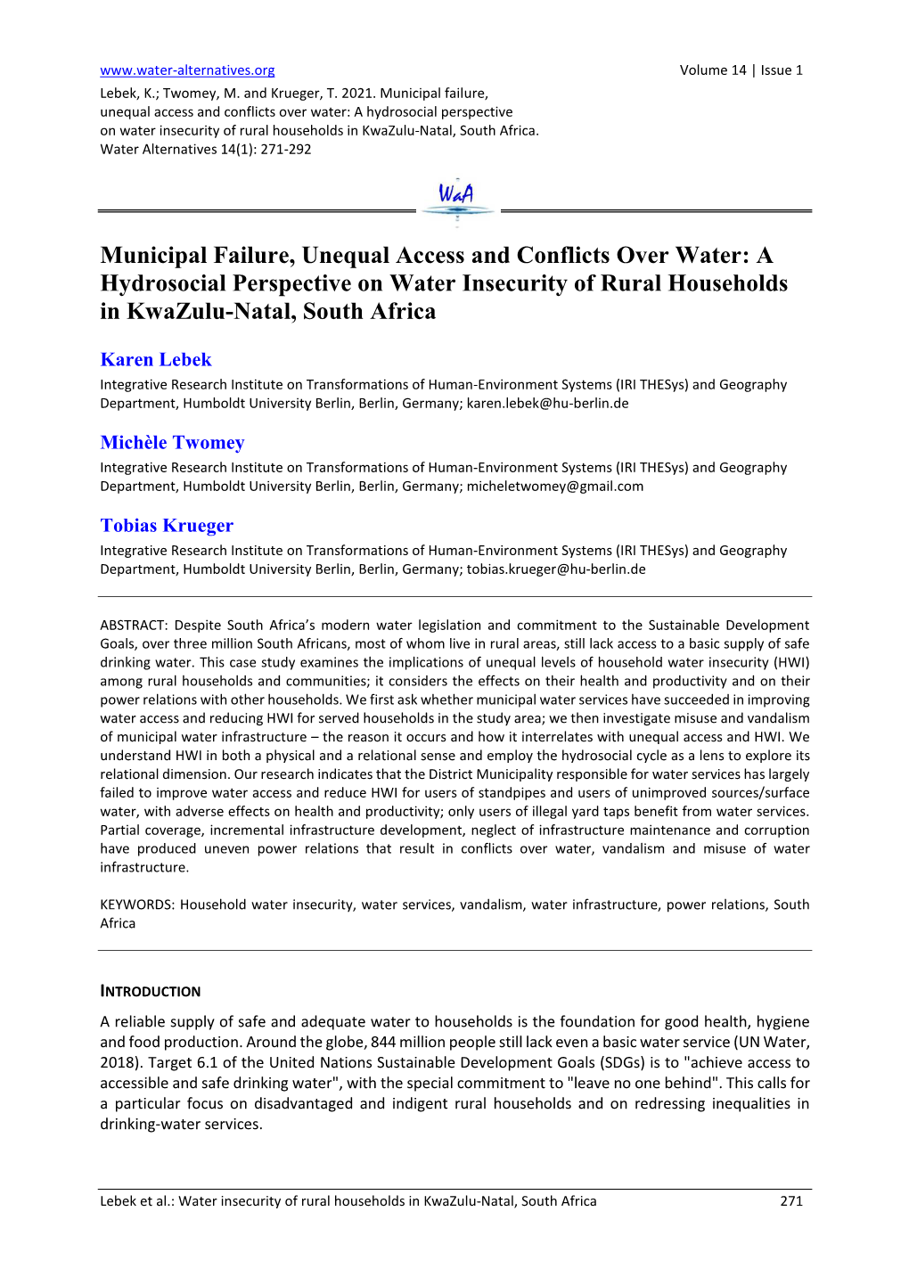A Hydrosocial Perspective on Water Insecurity of Rural Households in Kwazulu-Natal, South Africa