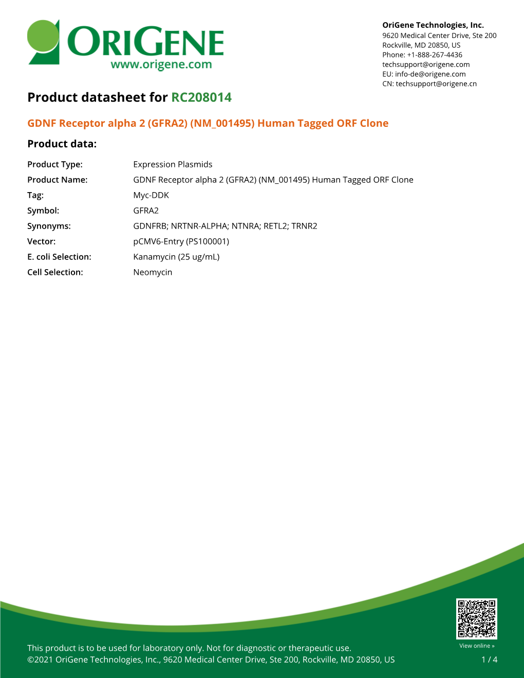 GDNF Receptor Alpha 2 (GFRA2) (NM 001495) Human Tagged ORF Clone Product Data