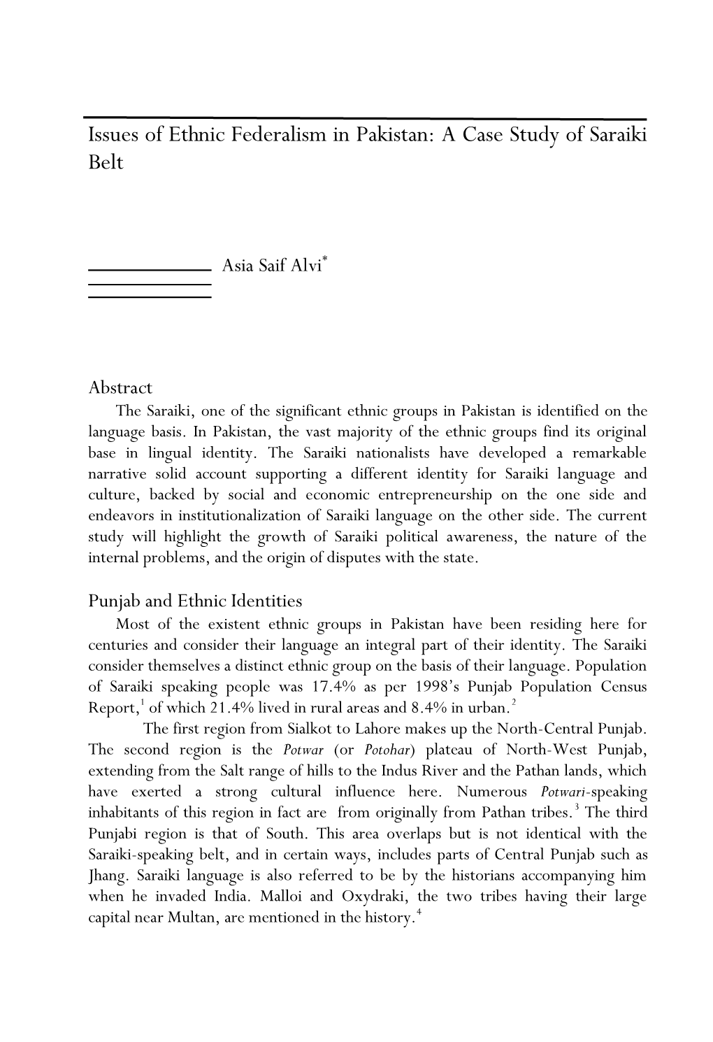 Issues of Ethnic Federalism in Pakistan: a Case Study of Saraiki Belt