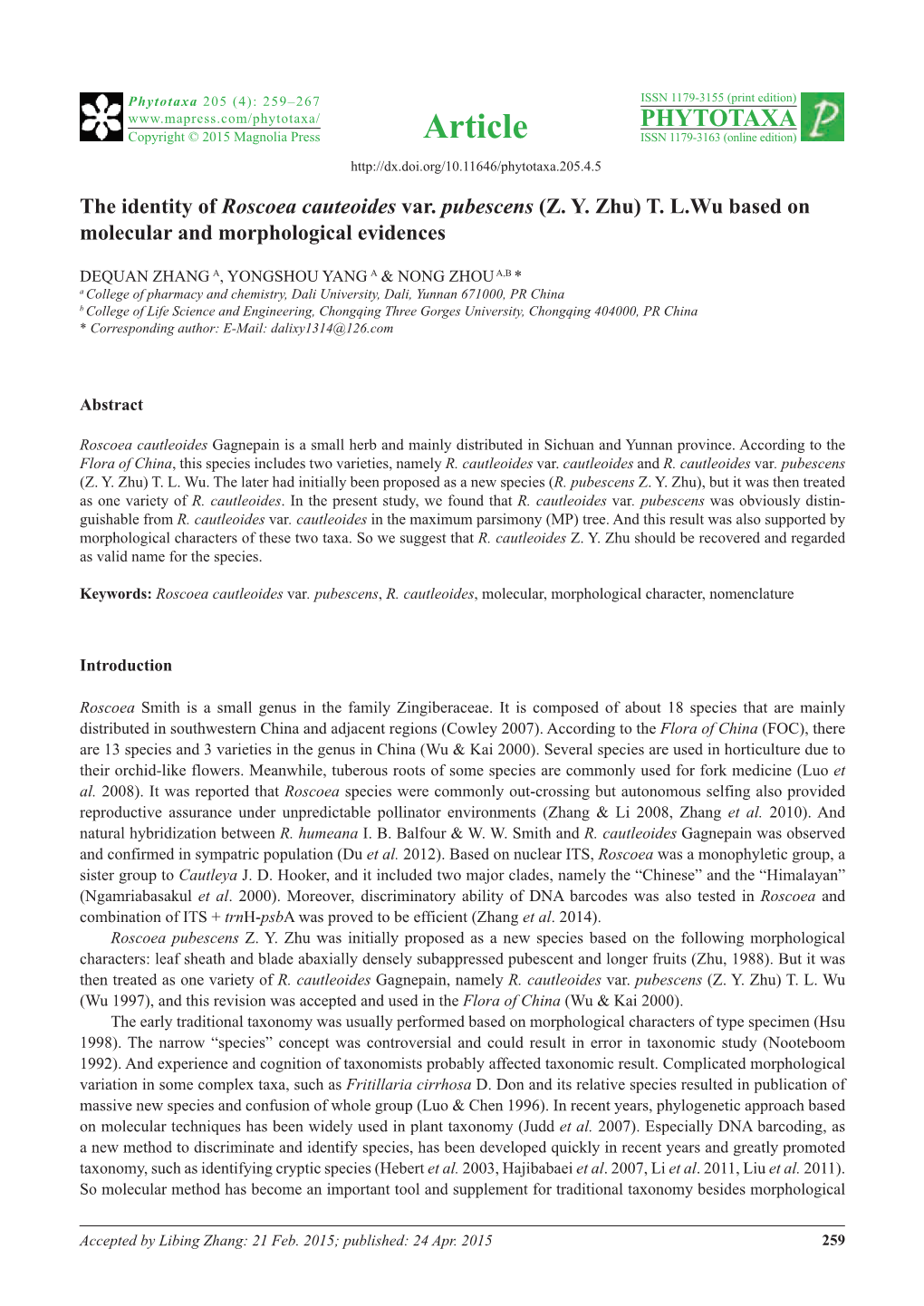 The Identity of Roscoea Cauteoides Var. Pubescens (Z