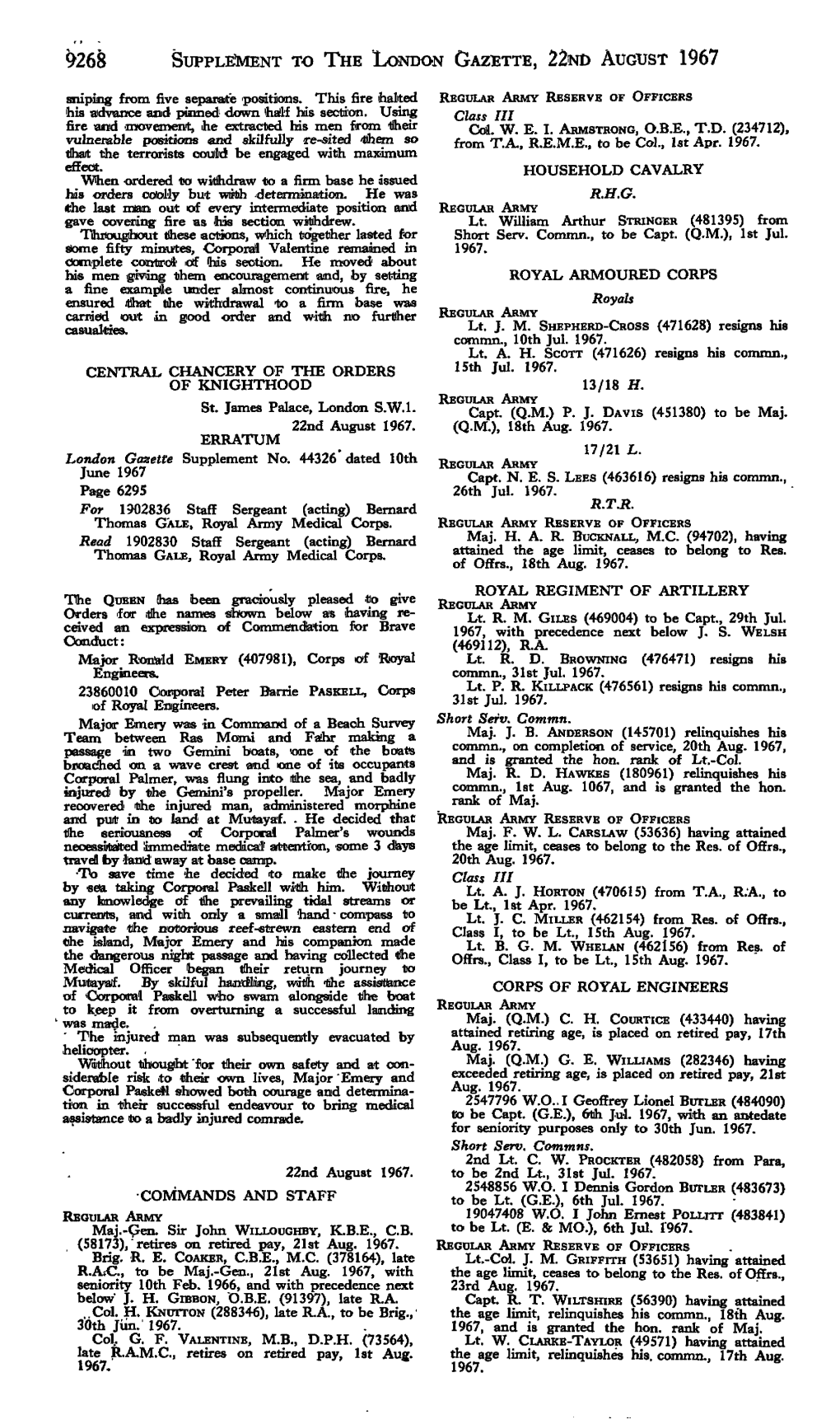 9268 SUPPLEMENT to the LONDON GAZETTE, 22Wd AUGUST 1967