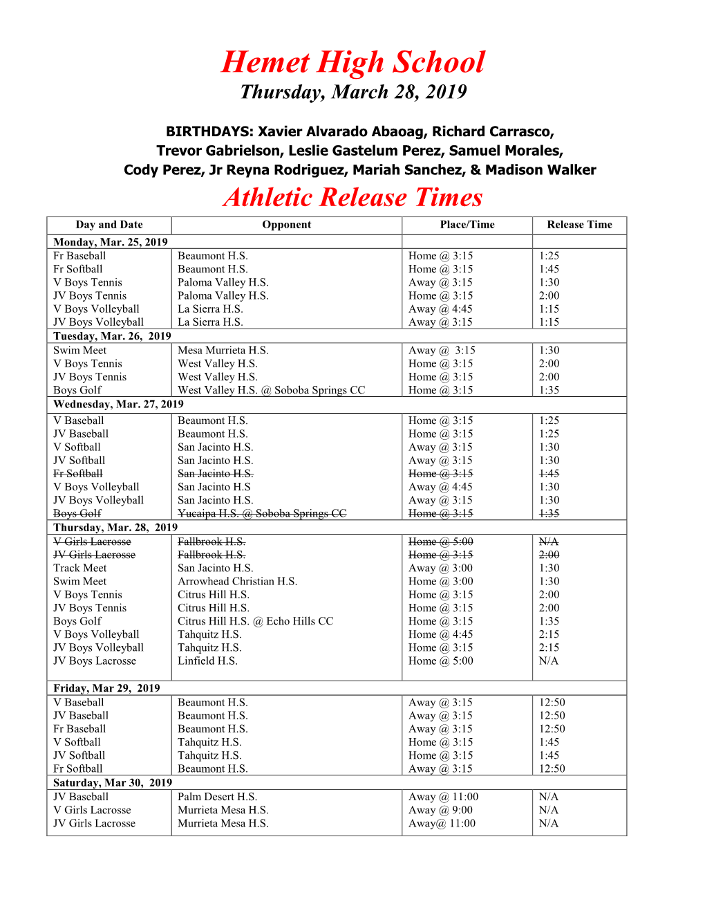 Hemet High School Thursday, March 28, 2019