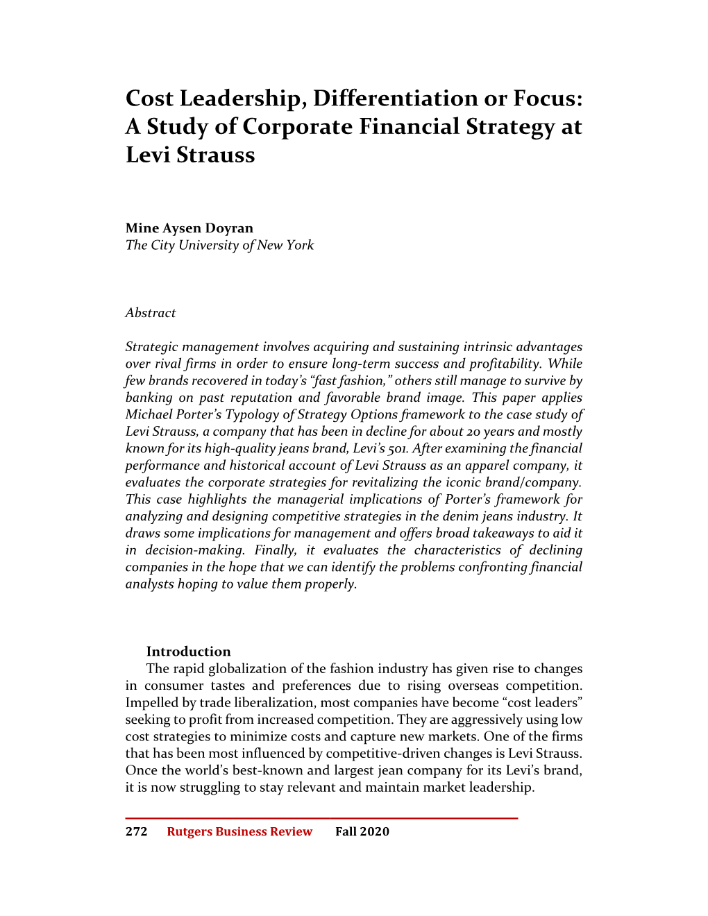 Cost Leadership, Differentiation Or Focus: a Study of Corporate Financial Strategy at Levi Strauss