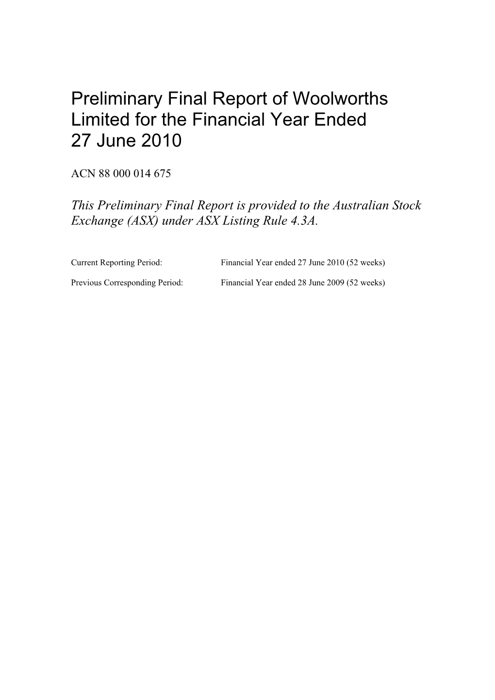 Woolworths Limited Preliminary Final Report FY10