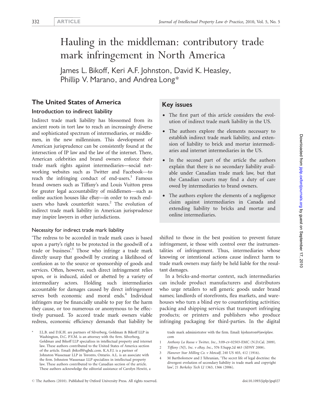 Hauling in the Middleman: Contributory Trade Mark Infringement in North America James L