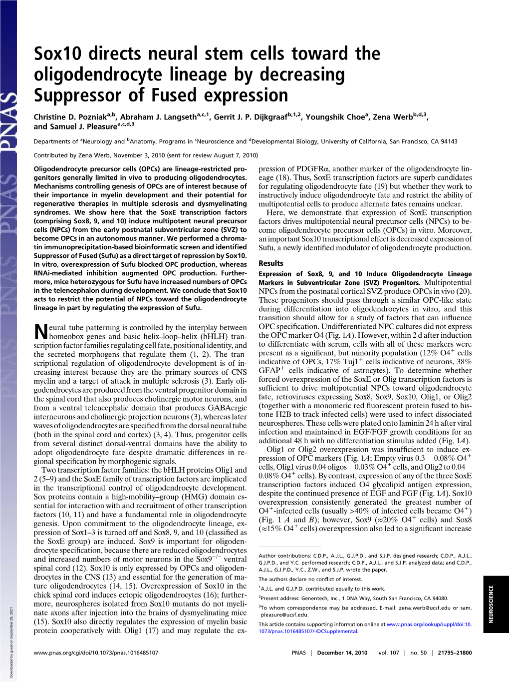 Sox10 Directs Neural Stem Cells Toward the Oligodendrocyte Lineage by Decreasing Suppressor of Fused Expression