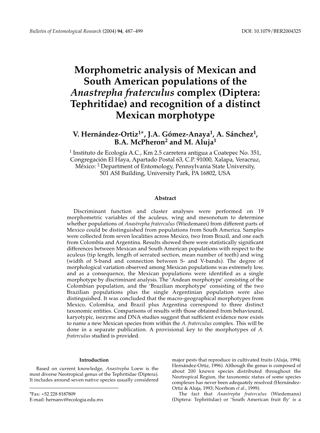 Morphometric Analysis of Mexican and South American Populations of The