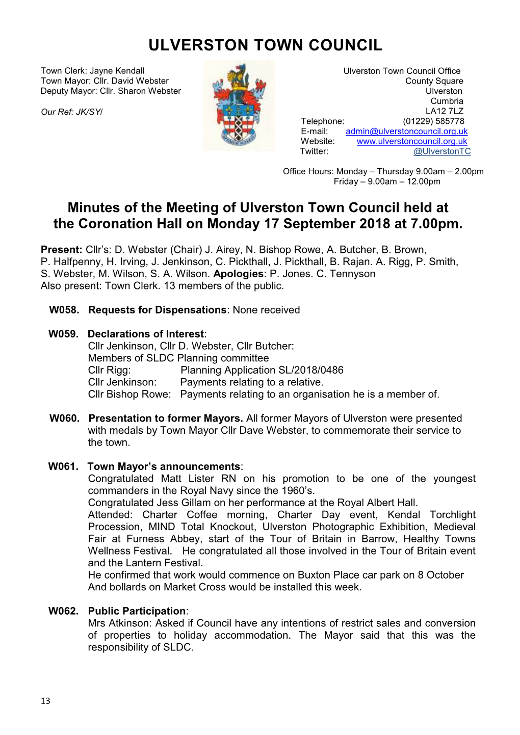 Minutes of the Meeting of Ulverston Town Council Held at the Coronation Hall on Monday 17 September 2018 at 7.00Pm