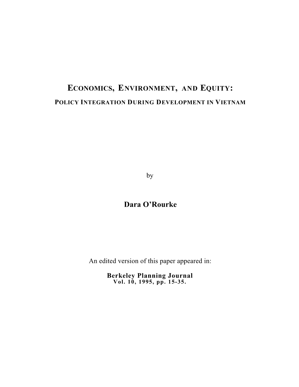 Economics, Environment and Equity: Policy Integration During Development in Vietnam