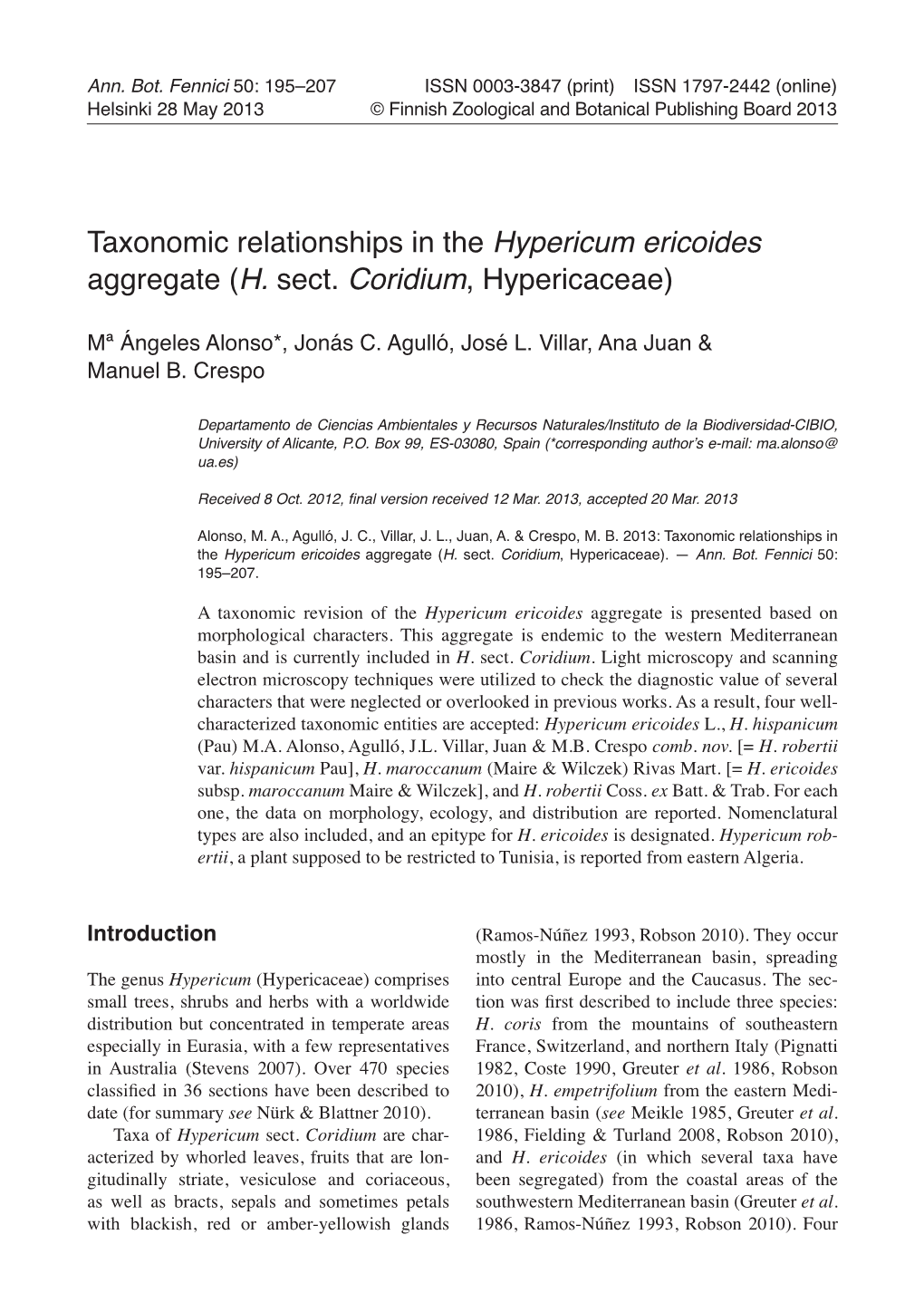 Taxonomic Relationships in the Hypericum Ericoides Aggregate (H