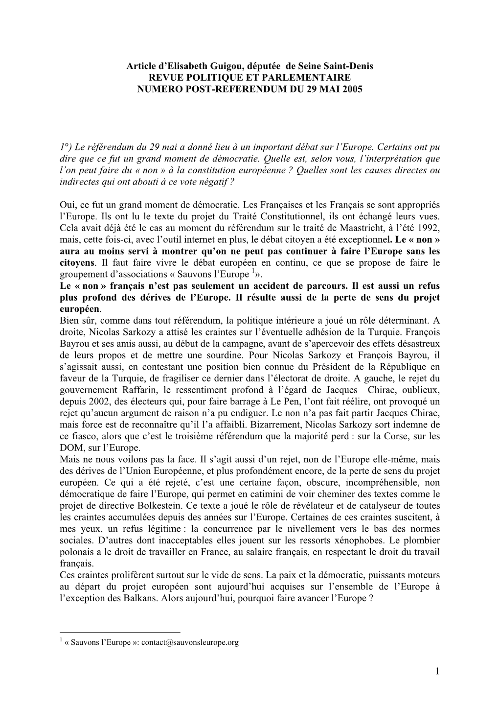 1 Article D'elisabeth Guigou, Députée De Seine Saint-Denis REVUE POLITIQUE ET PARLEMENTAIRE NUMERO POST-REFERENDUM DU 29 MA