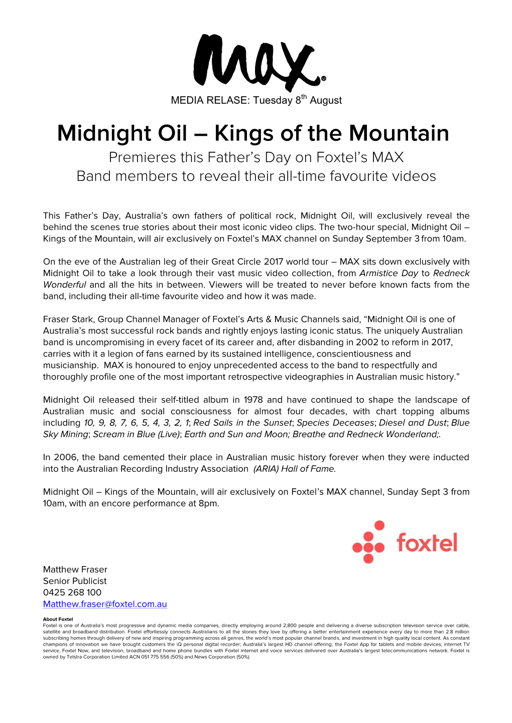 Midnight Oil – Kings of the Mountain Premieres This Father’S Day on Foxtel’S MAX Band Members to Reveal Their All-Time Favourite Videos