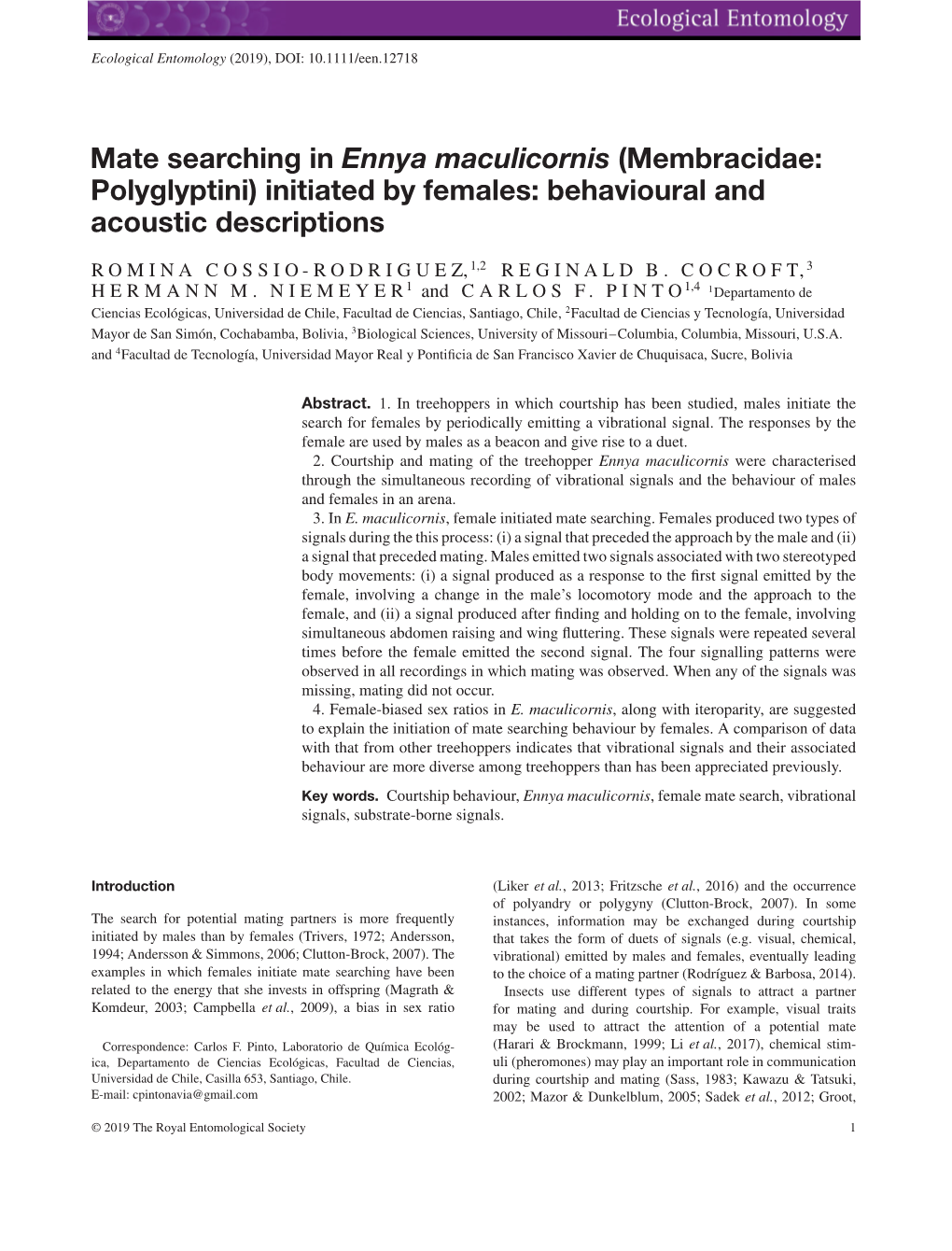 Mate Searching in Ennya Maculicornis (Membracidae: Polyglyptini) Initiated by Females: Behavioural and Acoustic Descriptions