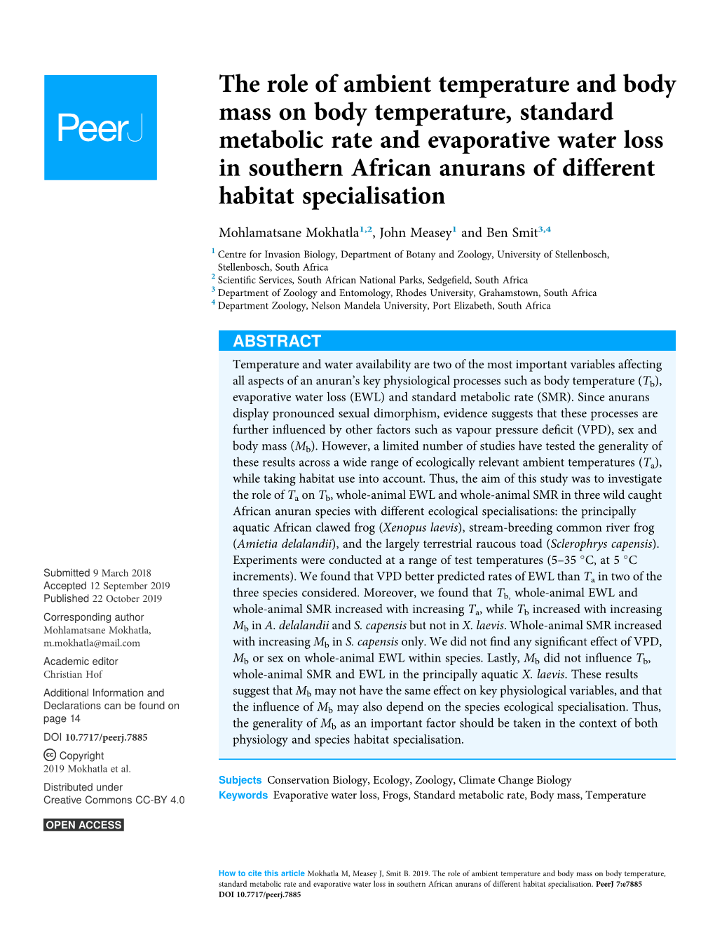 Mokhatla Et Al. (2019), Peerj, DOI 10.7717/Peerj.7885 2/21 Reduced Rates of Cutaneous Water Loss Compared to Non-Arboreal Groups (E.G