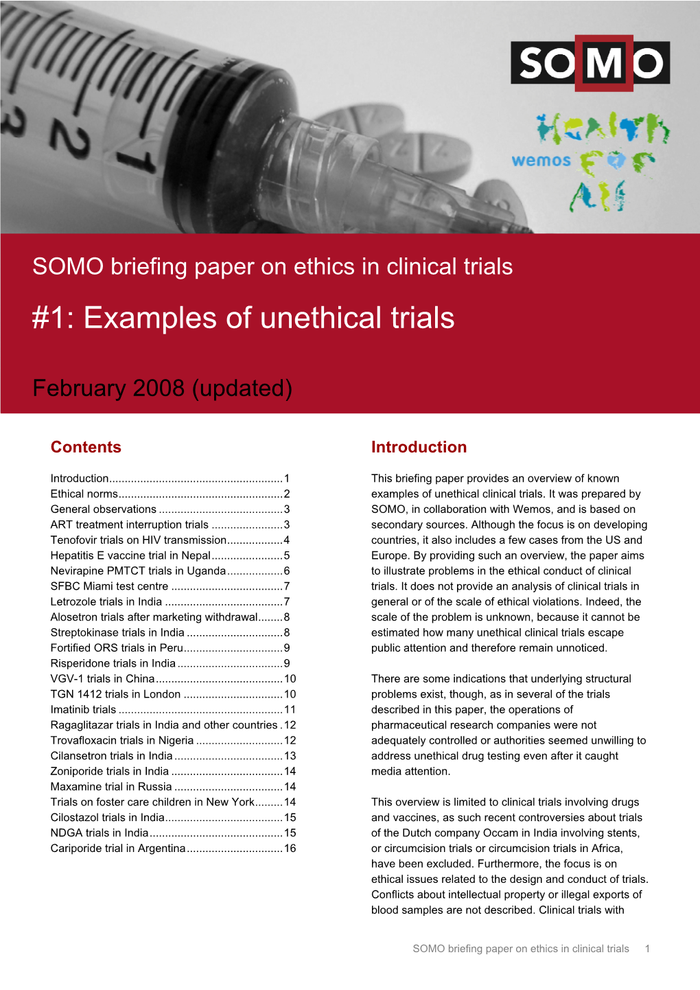 SOMO Briefing Paper on Ethics in Clinical Trials: Examples of Unethical