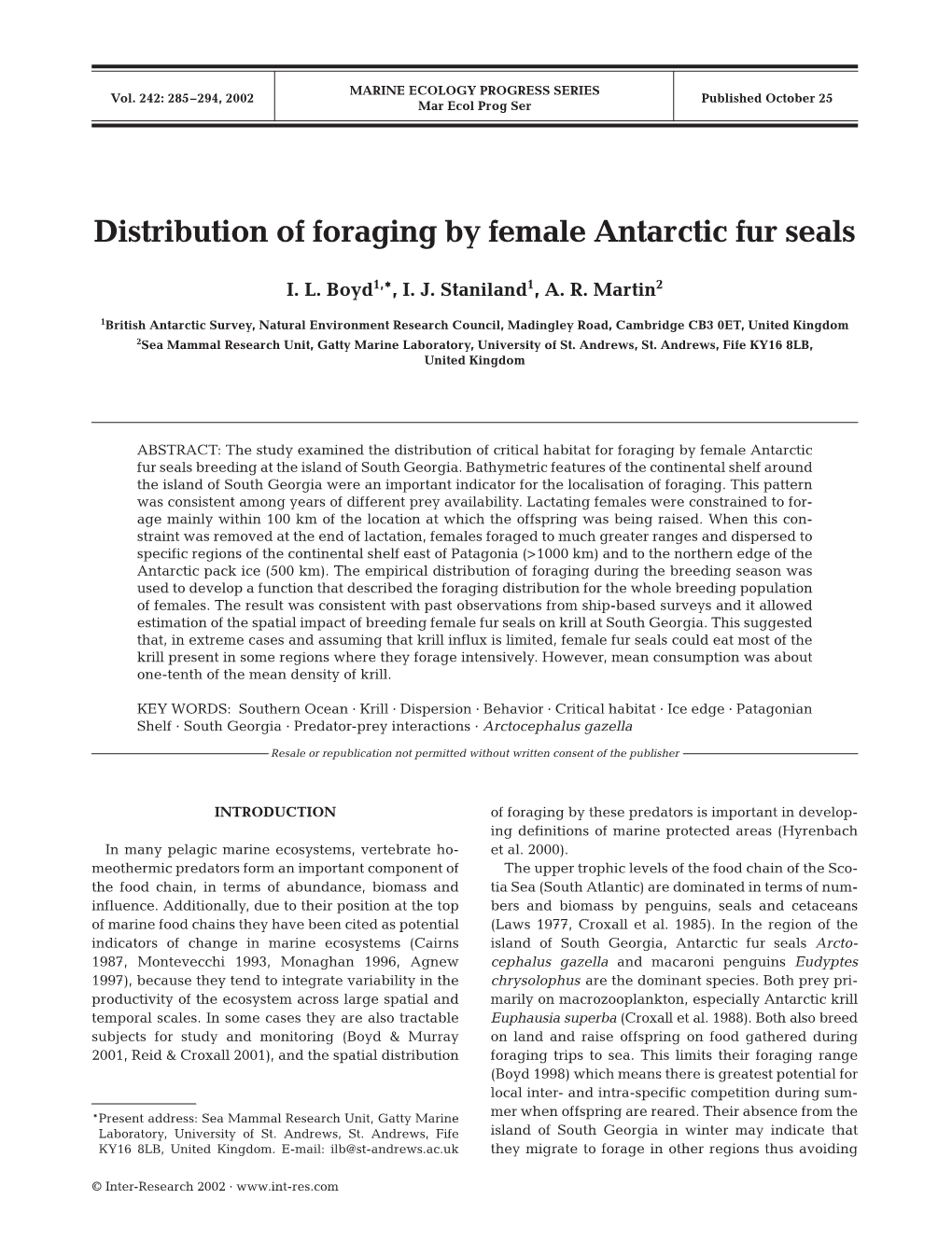 Distribution of Foraging by Female Antarctic Fur Seals