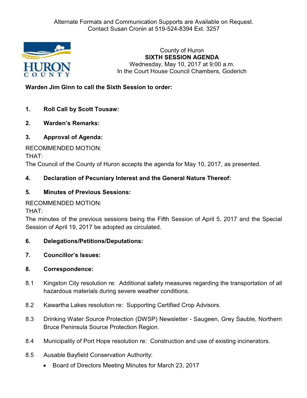 Huron County Council Agenda