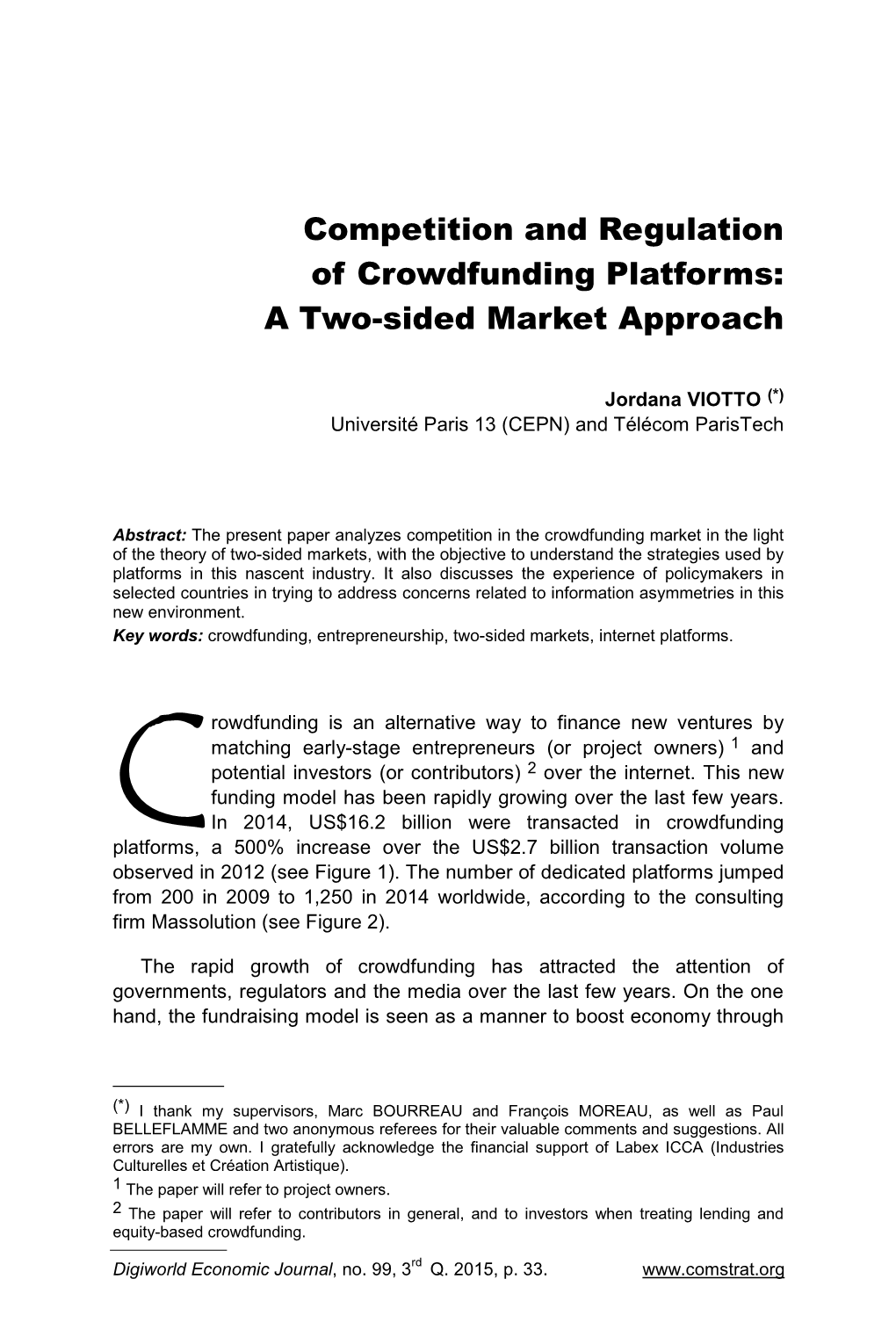 Competition and Regulation of Crowdfunding Platforms: a Two-Sided Market Approach