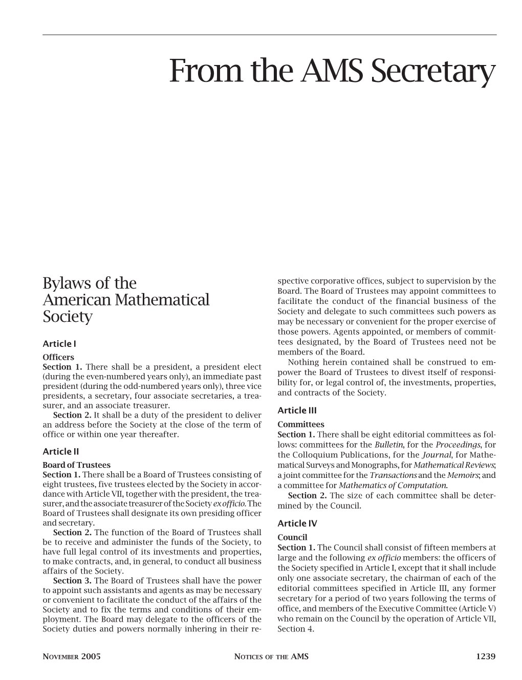 From the AMS Secretary: Bylaws of the American Mathematical Society