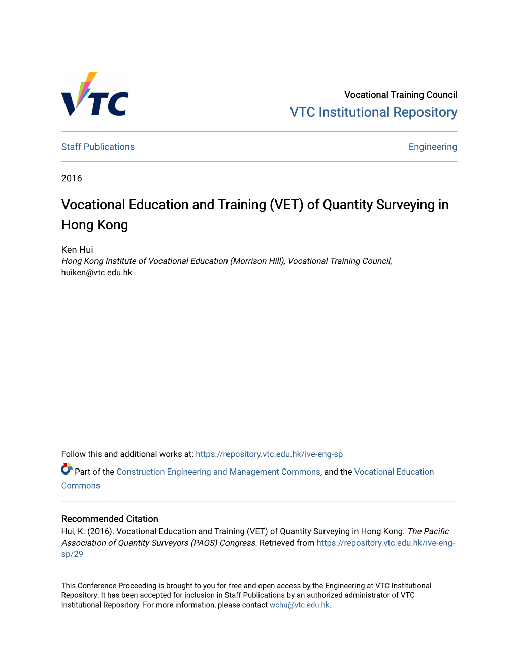 (VET) of Quantity Surveying in Hong Kong