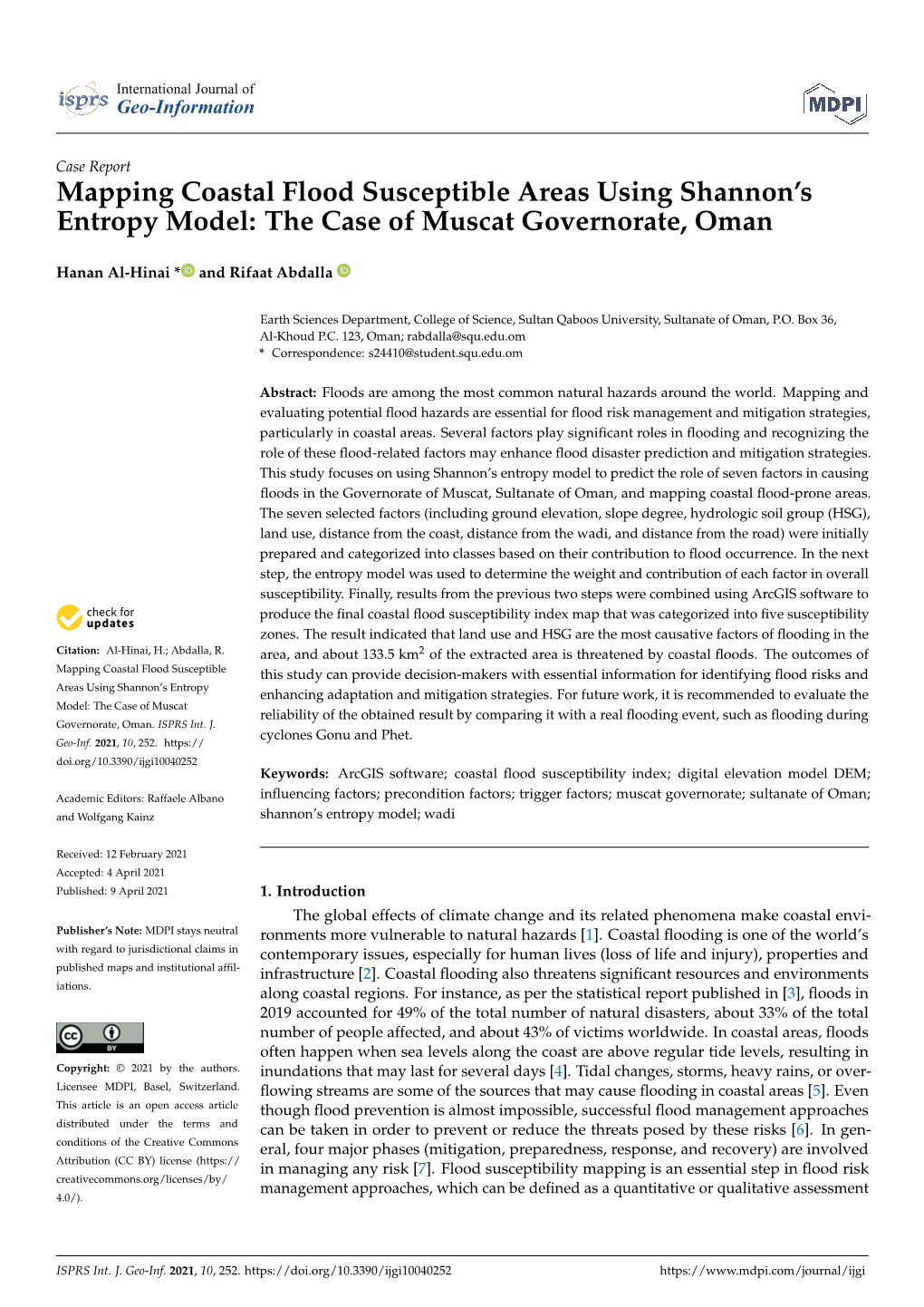 Mapping Coastal Flood Susceptible Areas Using Shannon's Entropy Model: the Case of Muscat Governorate, Oman