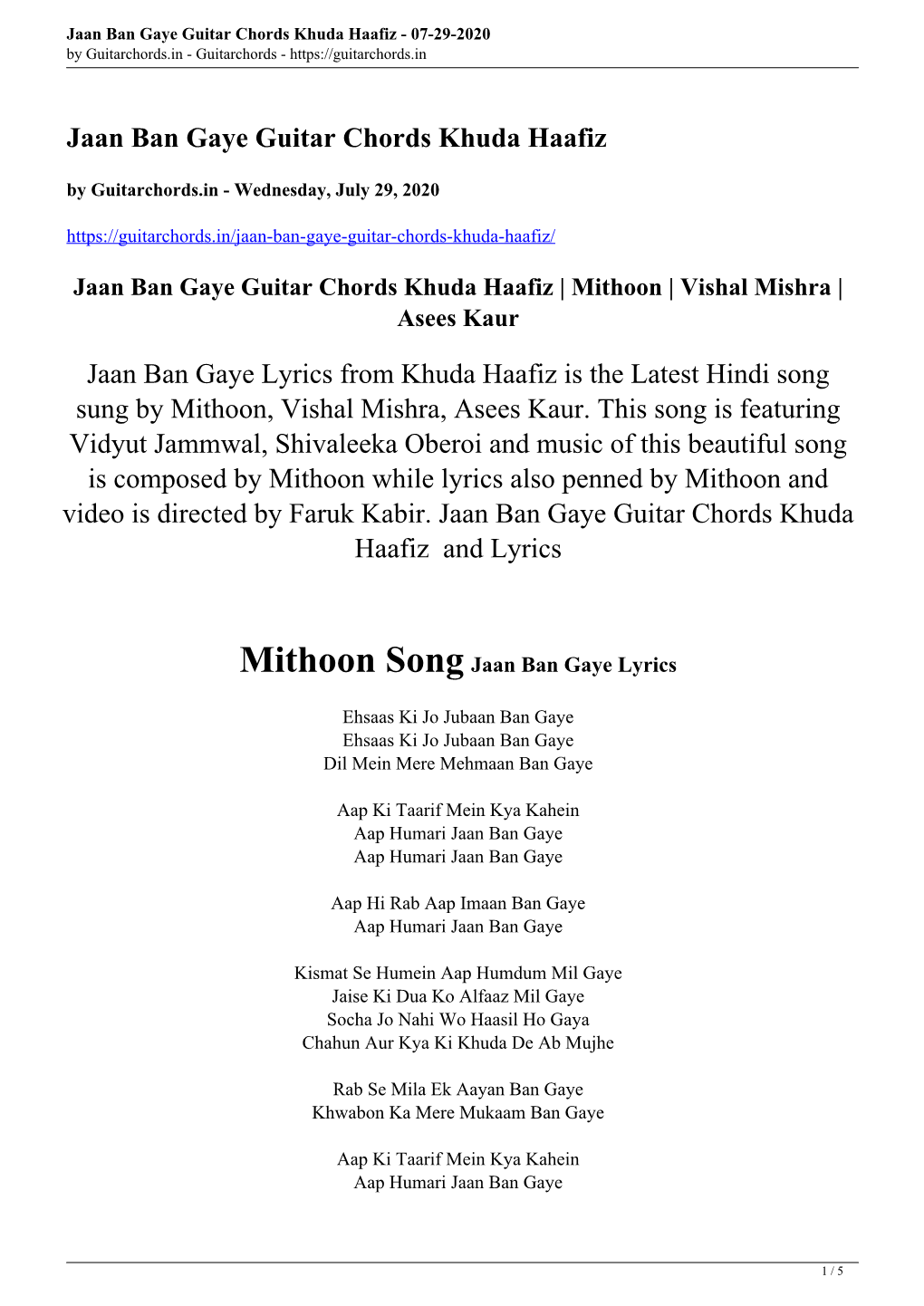 Jaan Ban Gaye Guitar Chords Khuda Haafiz - 07-29-2020 by Guitarchords.In - Guitarchords