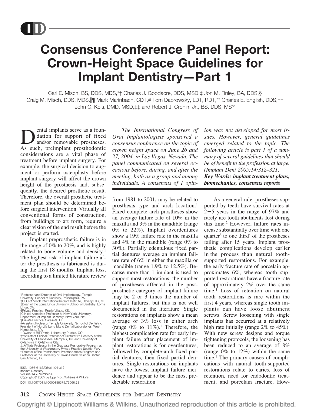 Consensus Conference Panel Report: Crown-Height Space Guidelines for Implant Dentistry—Part 1