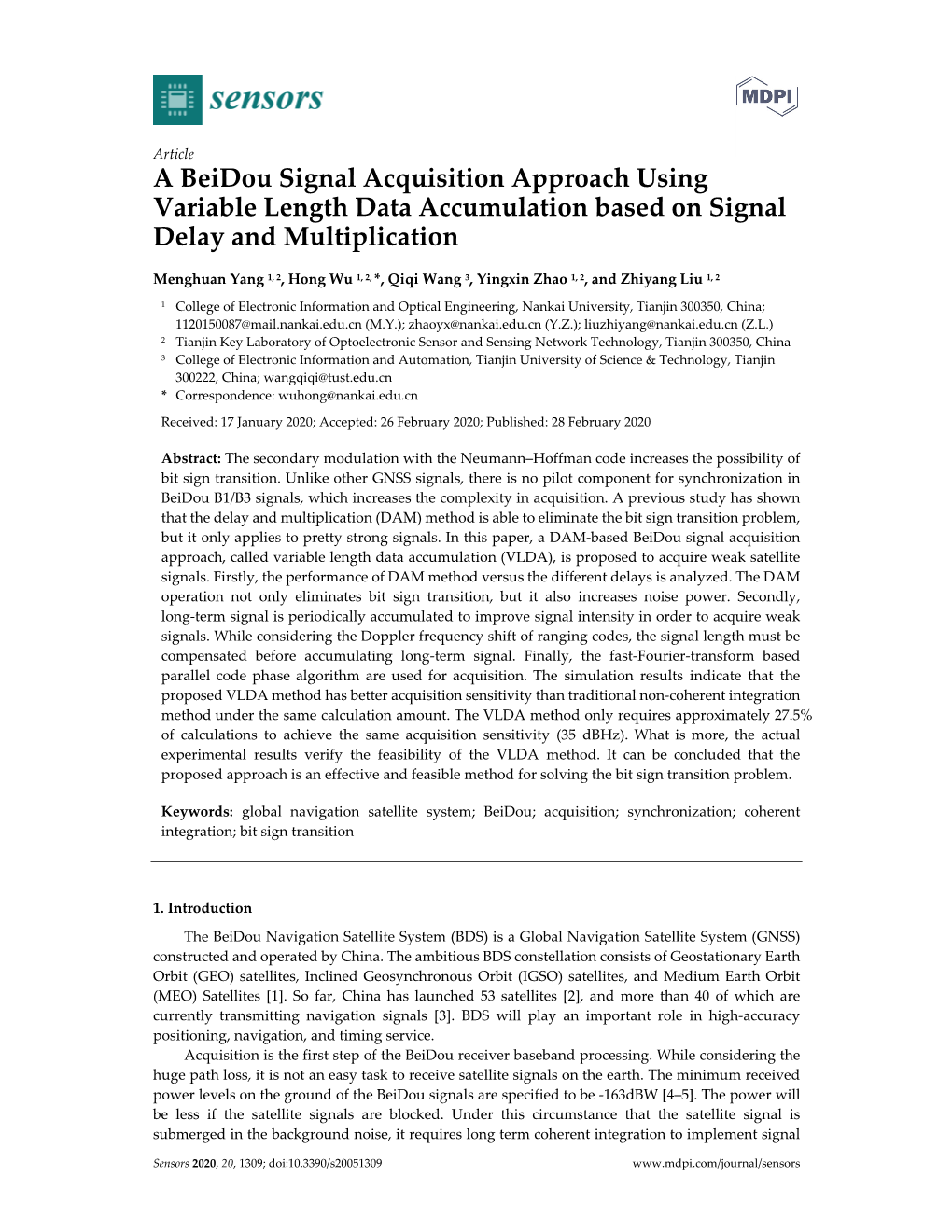 A Beidou Signal Acquisition Approach Using Variable Length Data Accumulation Based on Signal Delay and Multiplication