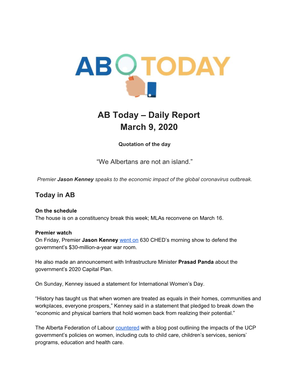 AB Today – Daily Report March 9, 2020