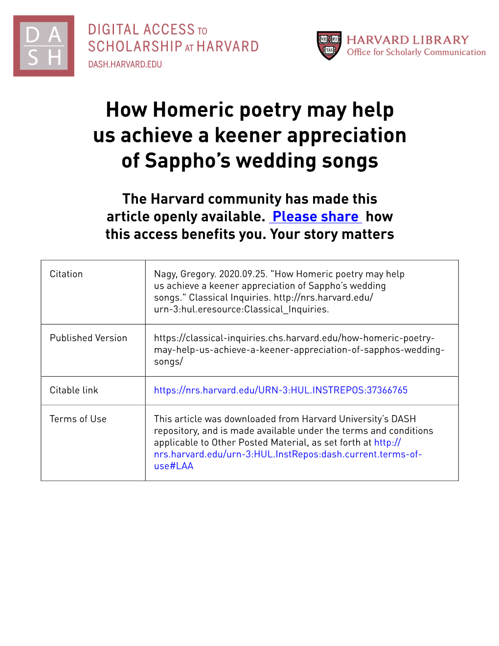 How Homeric Poetry May Help Us Achieve a Keener Appreciation of Sappho’S Wedding Songs