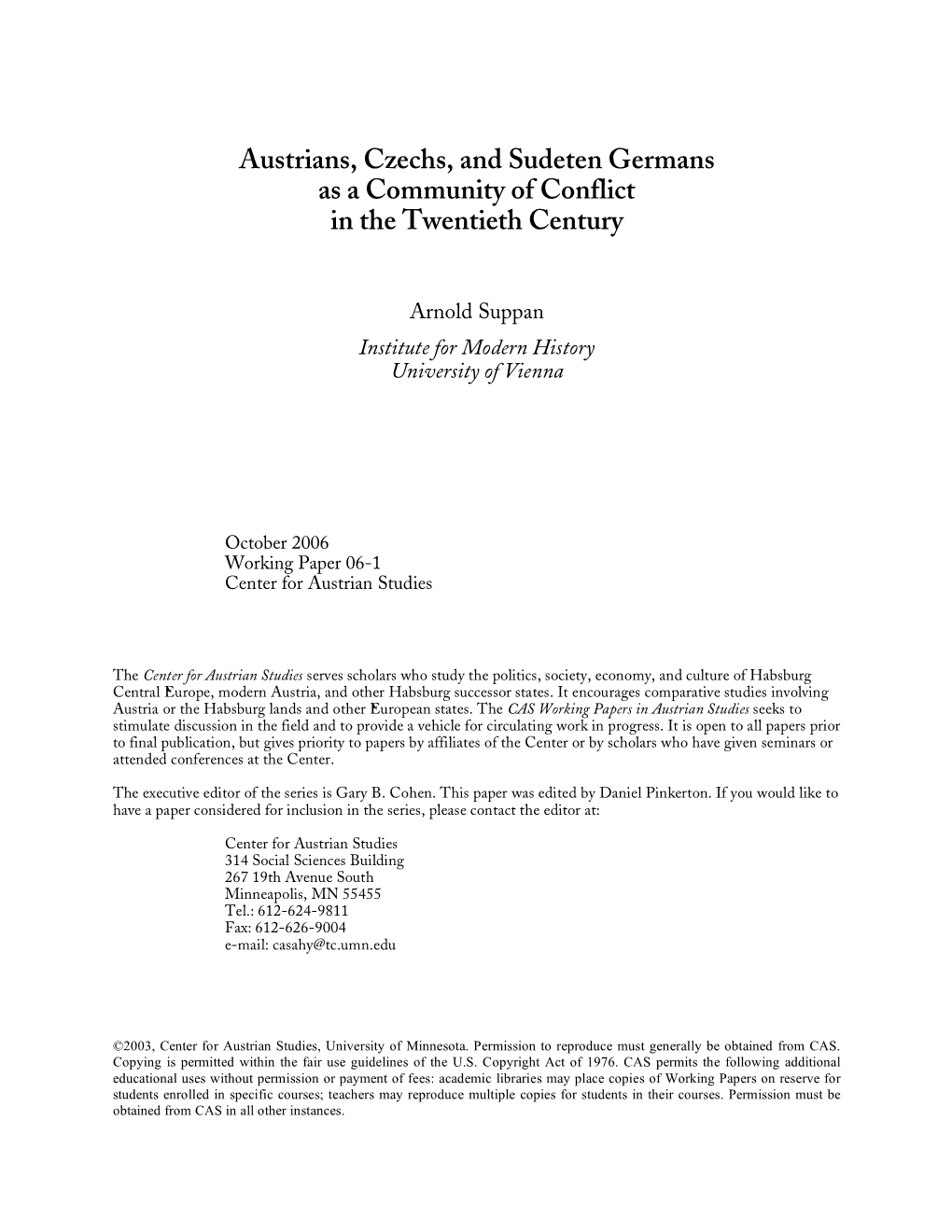 Austrians, Czechs, and Sudeten Germans As a Community of Conflict in the Twentieth Century