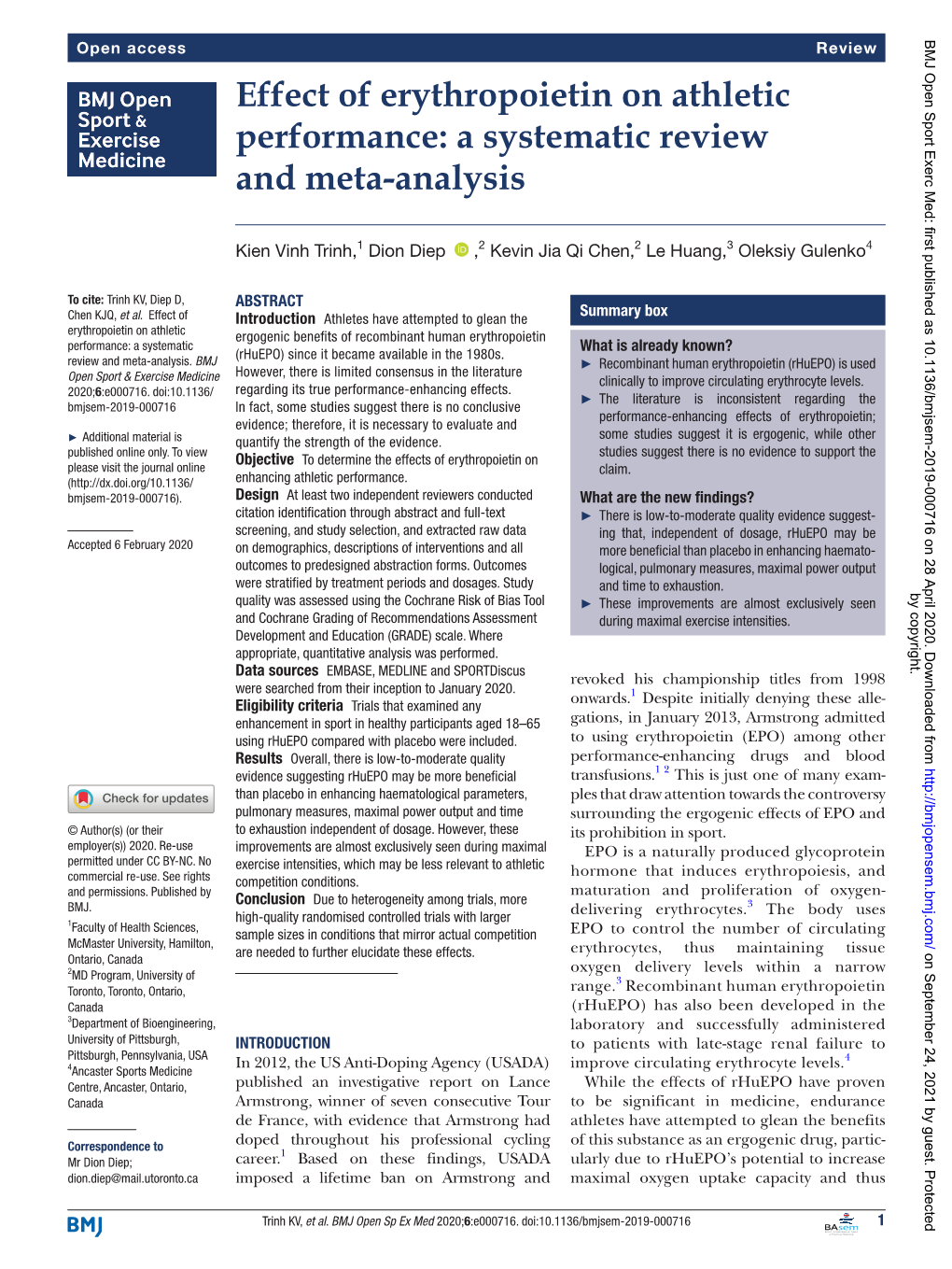 Effect of Erythropoietin on Athletic Performance: a Systematic Review and Meta-­Analysis