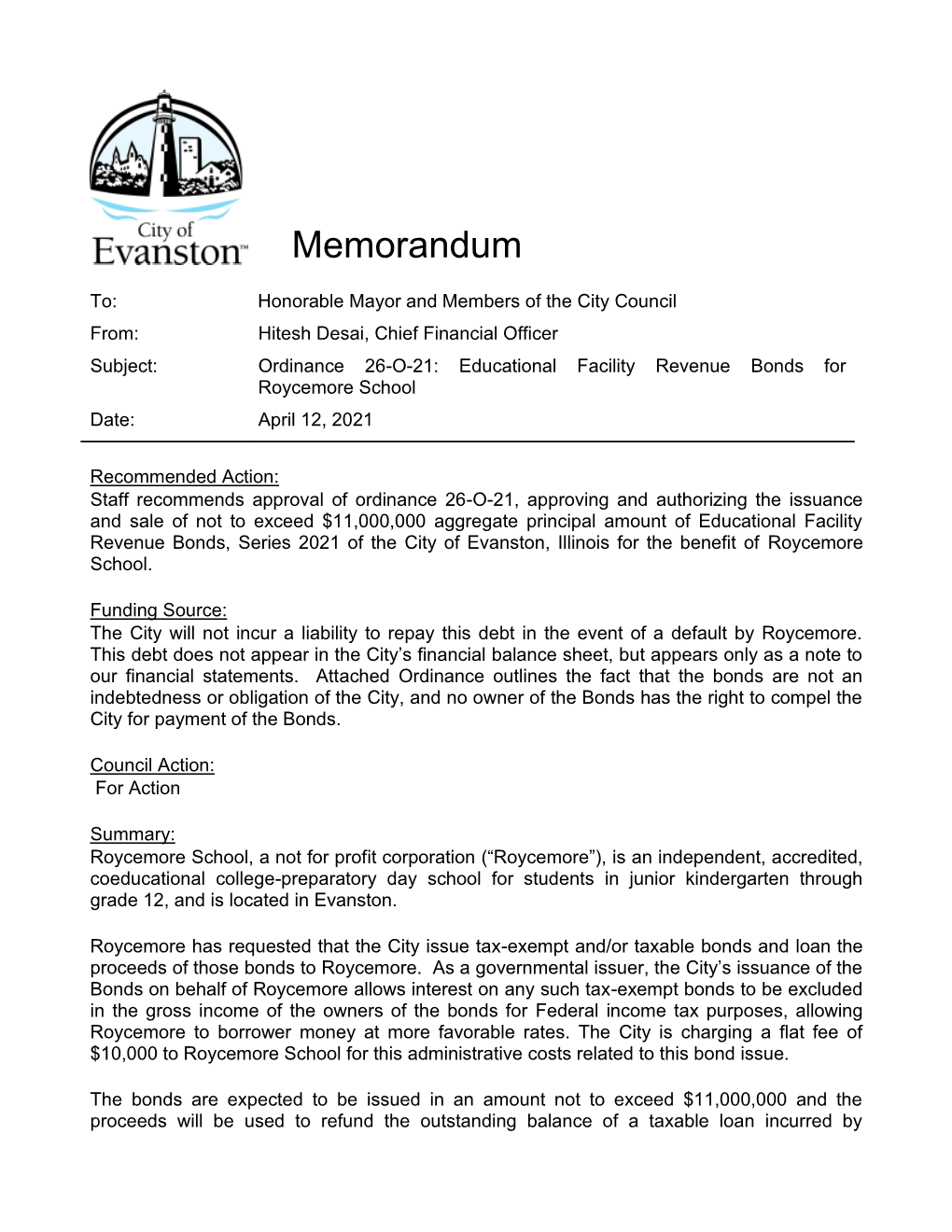 Ordinance 26-O-21: Educational Facility Revenue Bonds for Roycemore School Date: April 12, 2021