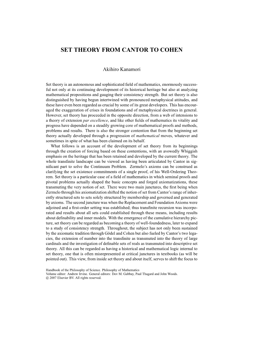 Set Theory from Cantor to Cohen