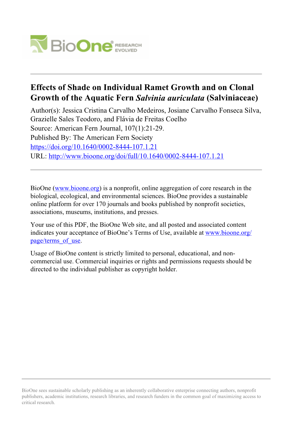 Effects of Shade on Individual Ramet Growth and on Clonal Growth of The