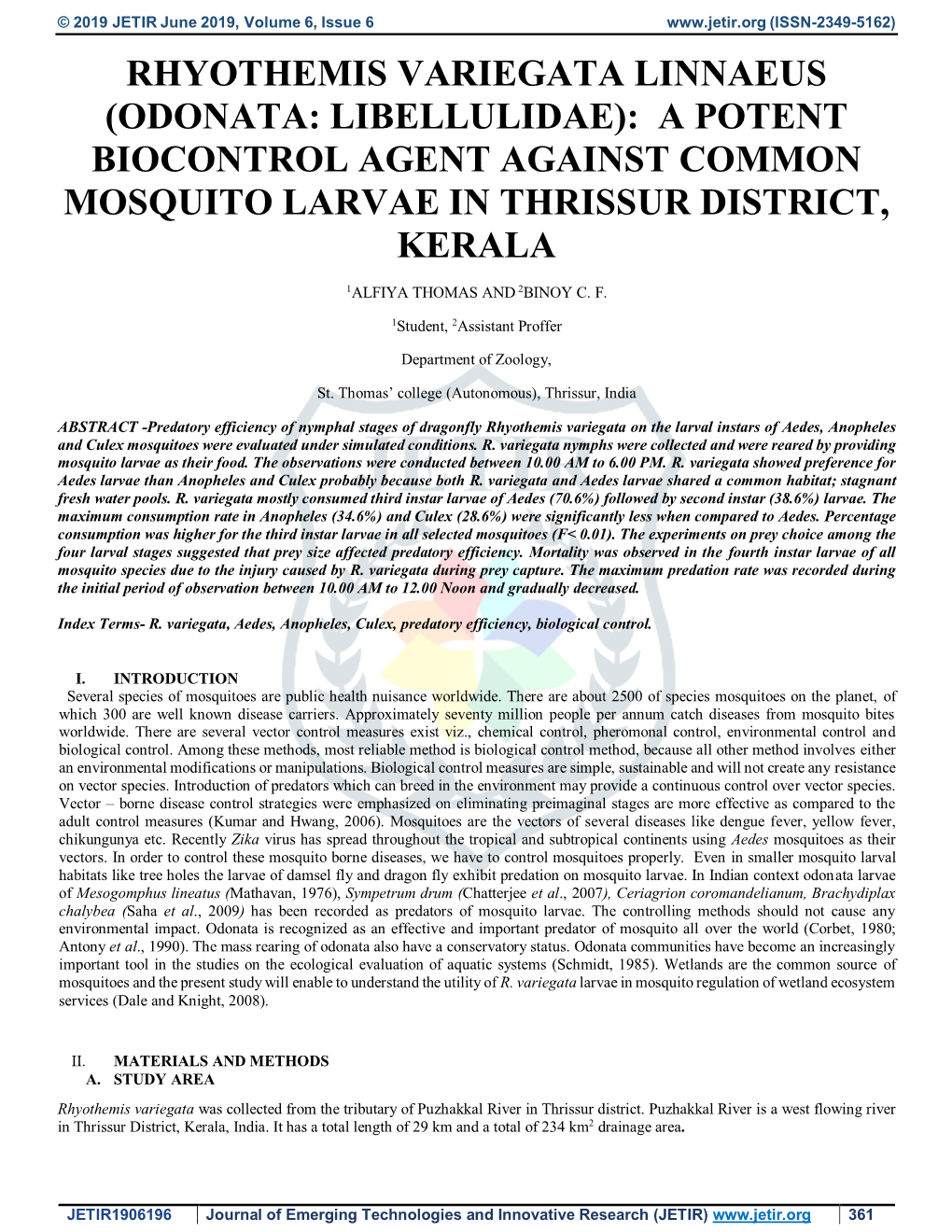Rhyothemis Variegata Linnaeus (Odonata: Libellulidae): a Potent Biocontrol Agent Against Common Mosquito Larvae in Thrissur District, Kerala