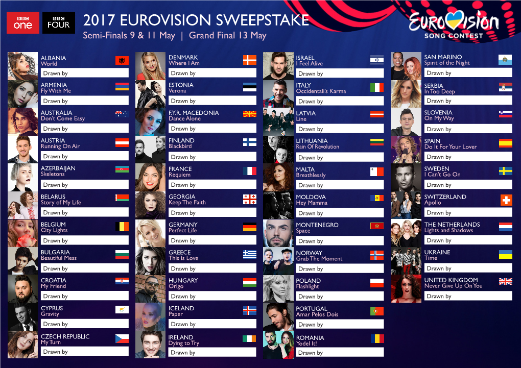 2017 EUROVISION SWEEPSTAKE Semi-Finals 9 & 11 May | Grand Final 13 May
