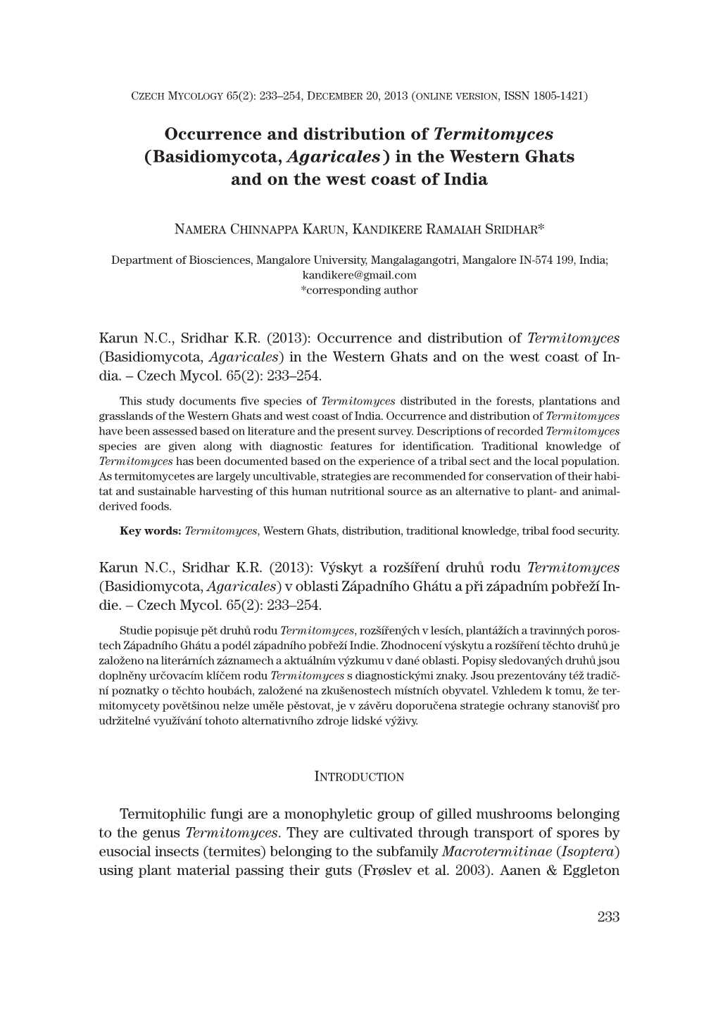 Occurrence and Distribution of Termitomyces (Basidiomycota, Agaricales) in the Western Ghats and on the West Coast of India