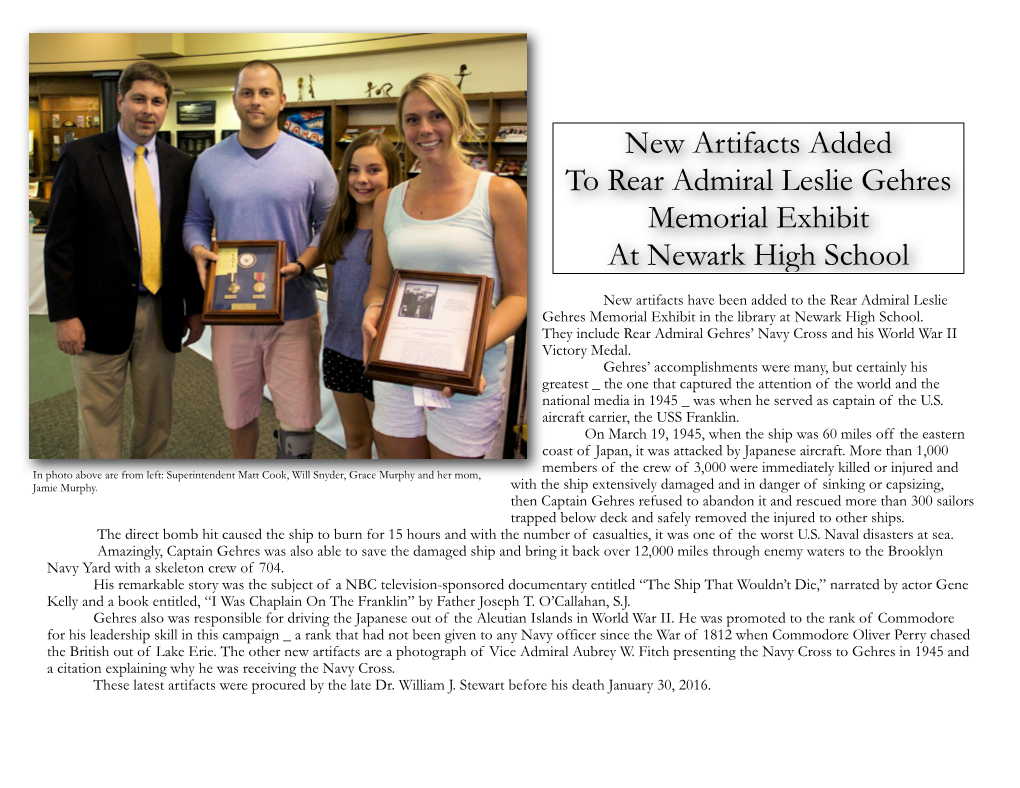 New Artifacts Added to Rear Admiral Leslie Gehres Memorial Exhibit at Newark High School