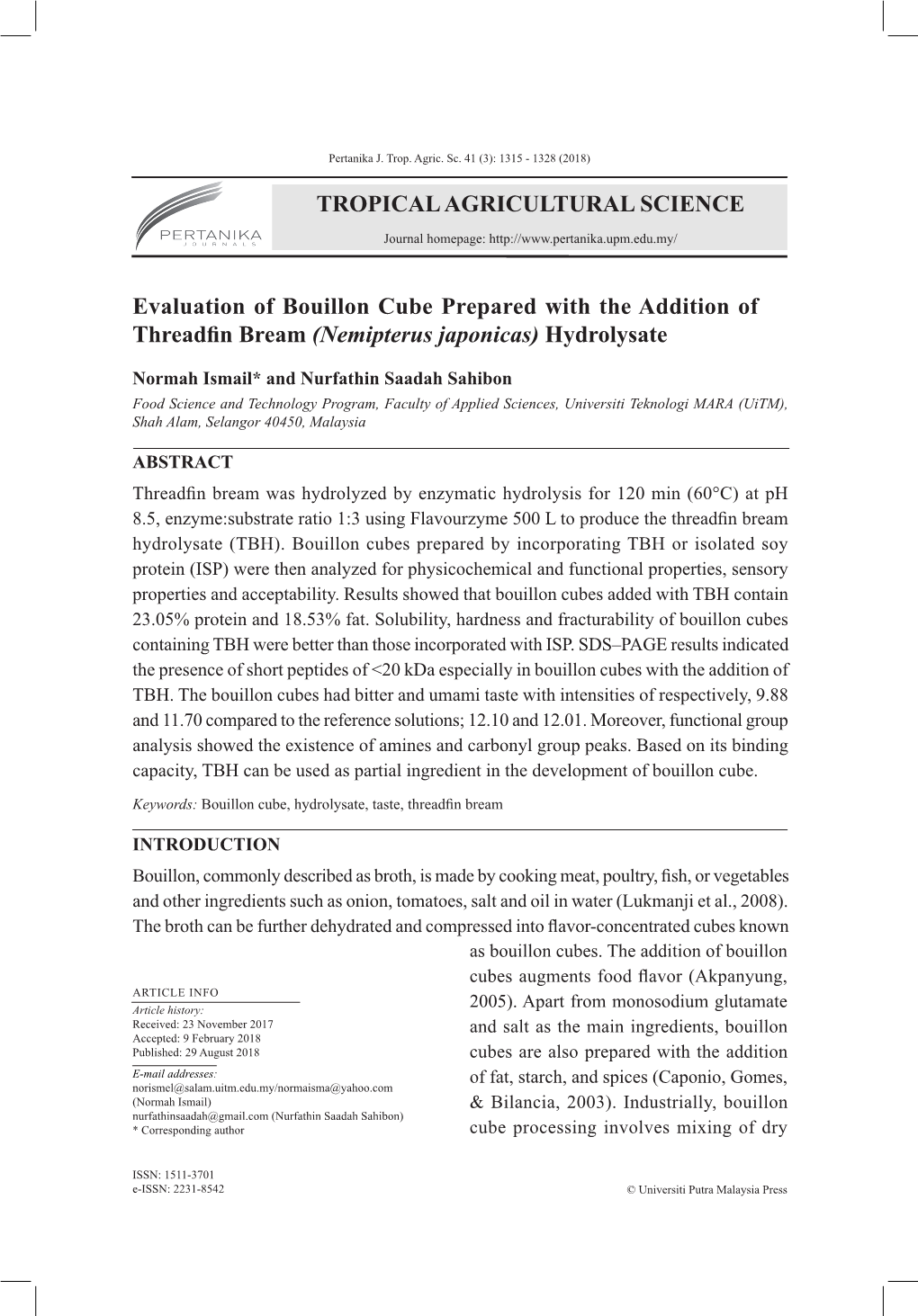 TROPICAL AGRICULTURAL SCIENCE Evaluation of Bouillon Cube Prepared with the Addition of Threadfin Bream