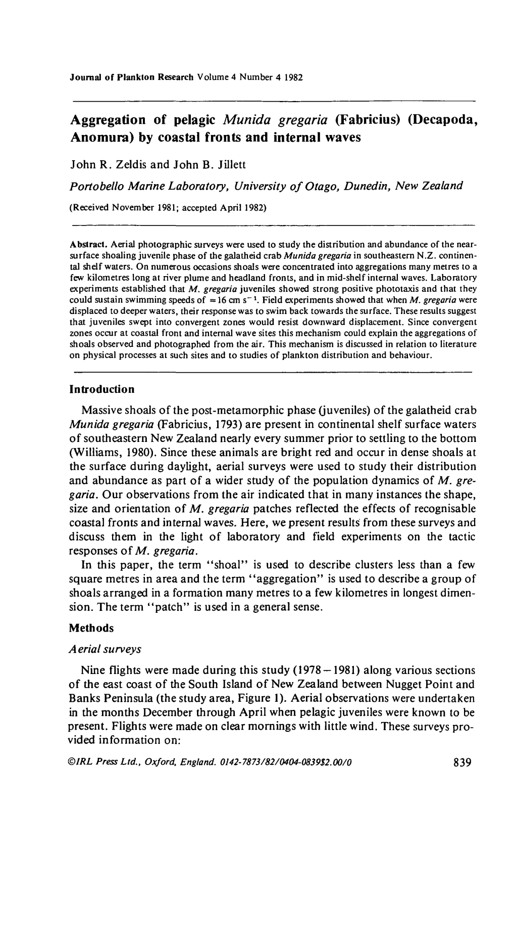 Aggregation of Pelagic Munida Gregaria (Fabricius) (Decapoda, Anomura) by Coastal Fronts and Internal Waves John R