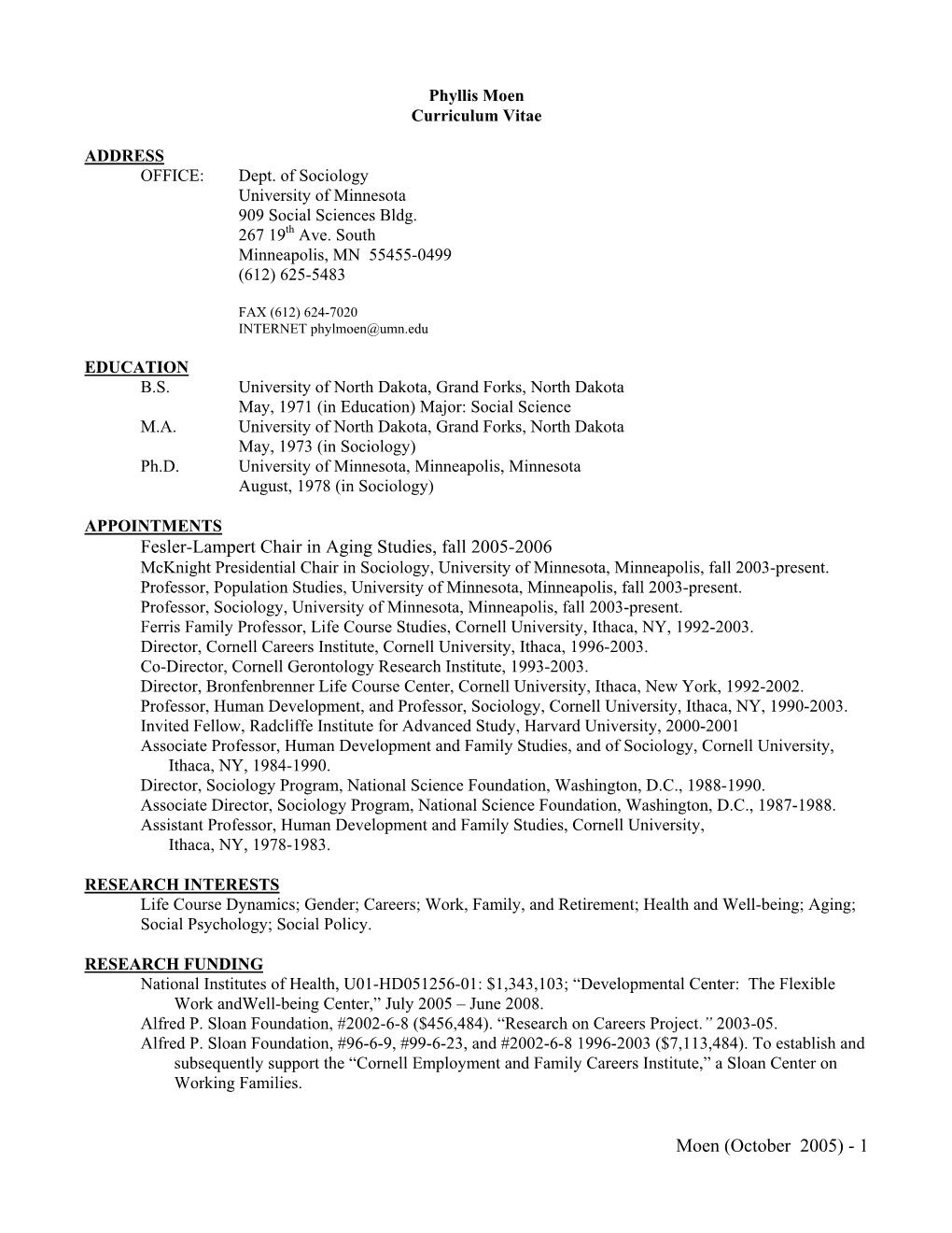 Phyllis Moen Curriculum Vitae