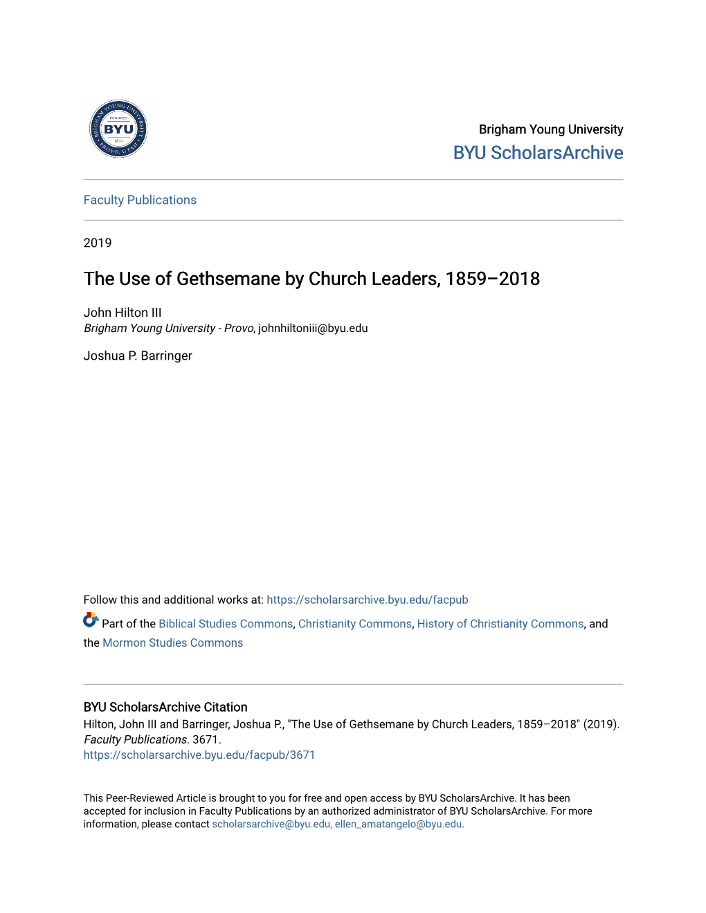 The Use of Gethsemane by Church Leaders, 1859–2018