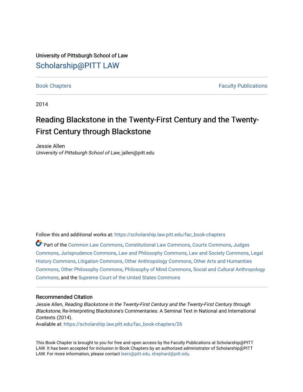 Reading Blackstone in the Twenty-First Century and the Twenty- First Century Through Blackstone